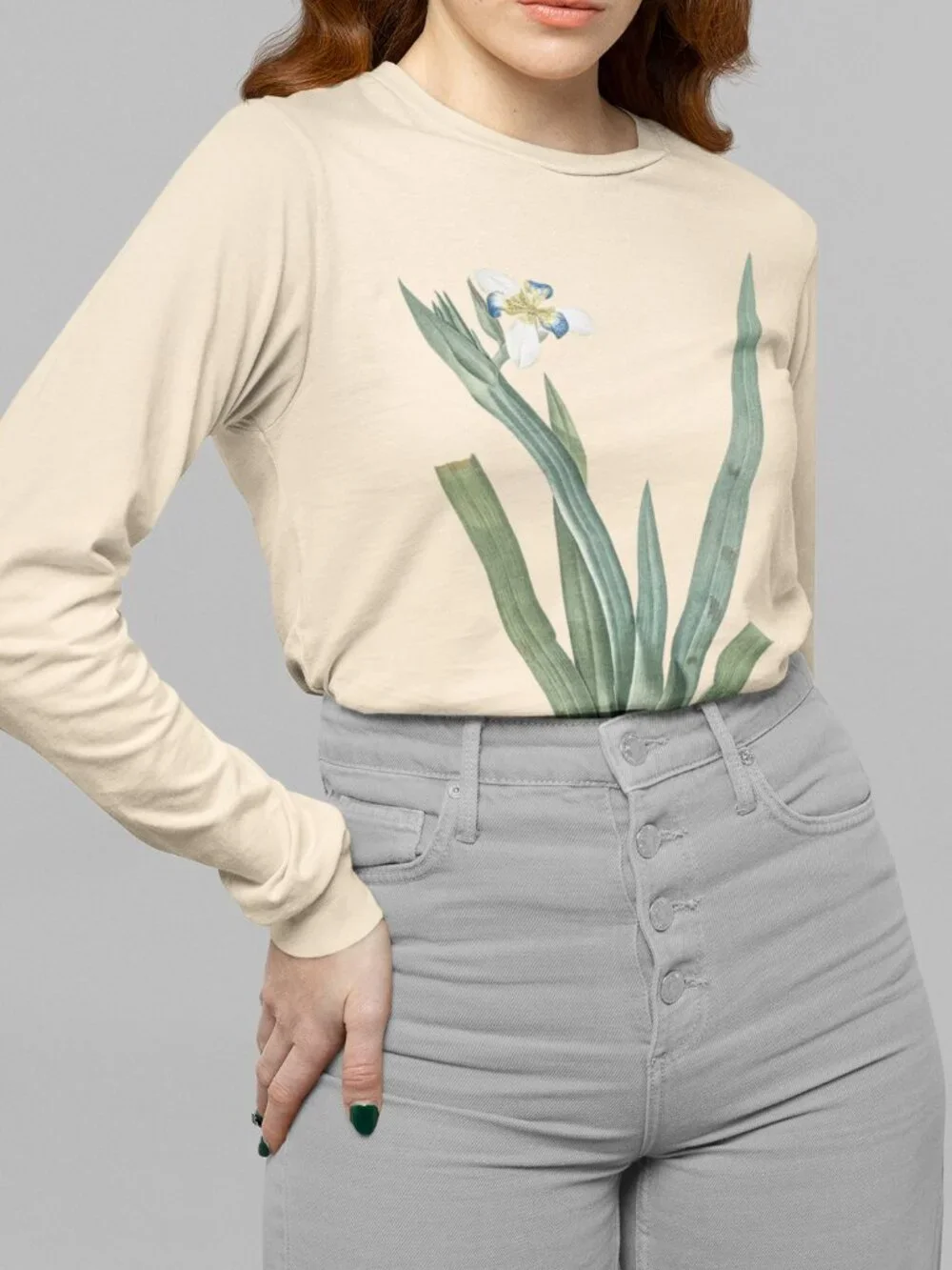 Veldt-Iris Vintage Floral Print Long Sleeve Graphic Tee T-shirt S-XXL